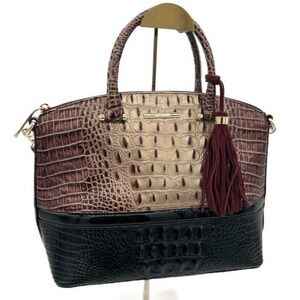 Brahmin Duxbury Satchel Handbag Crocodile Embossed Leather Burgundy Black Gold